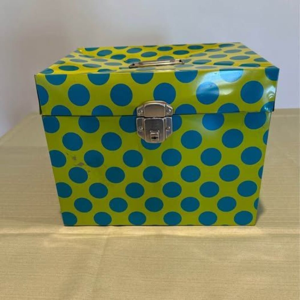 1970s Metal Box Lime green with teal polka dots  12.5 x 9.5 x 10 in